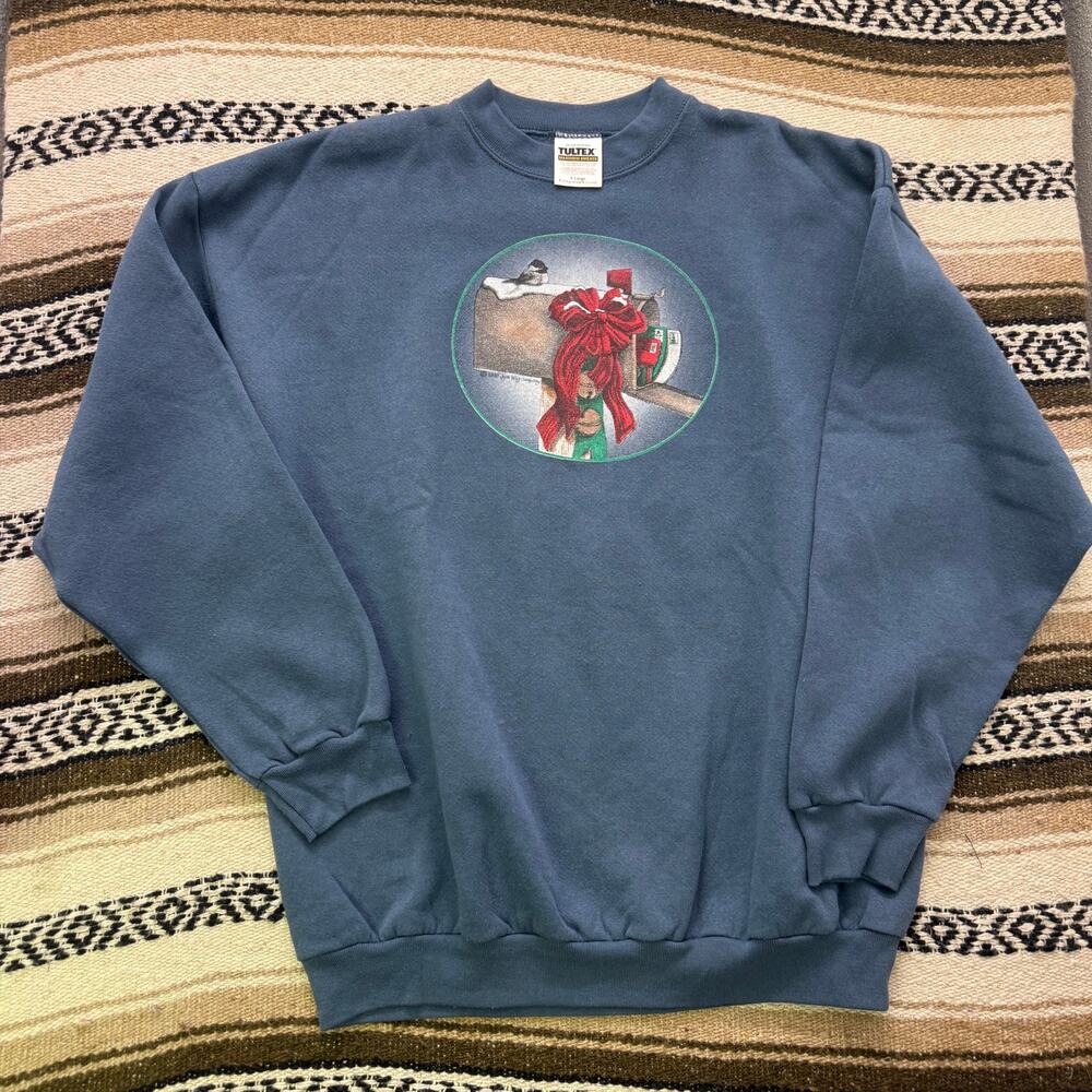 Vintage 90's Pale Blue Christmas Mailbox Bird Crewneck Pullover Sweatshirt Sz XL